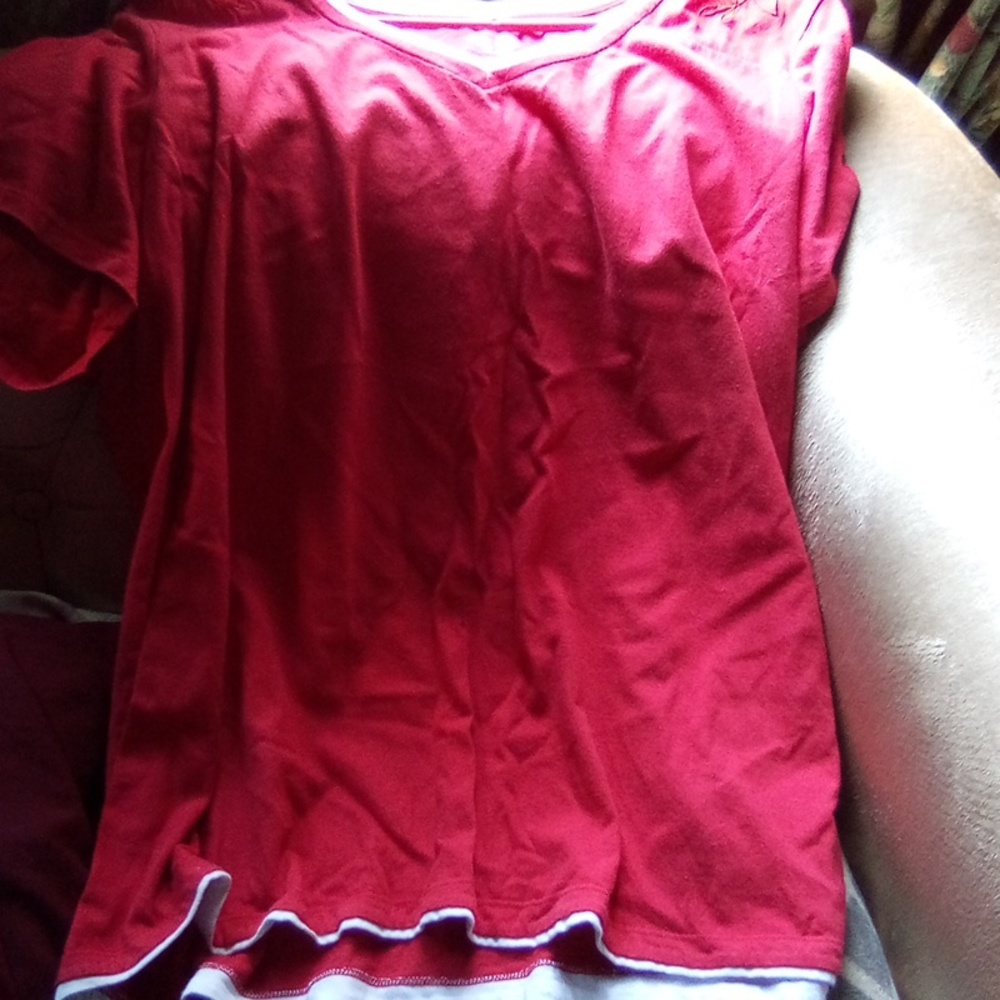 White stag shirt red and white has roses at top see through